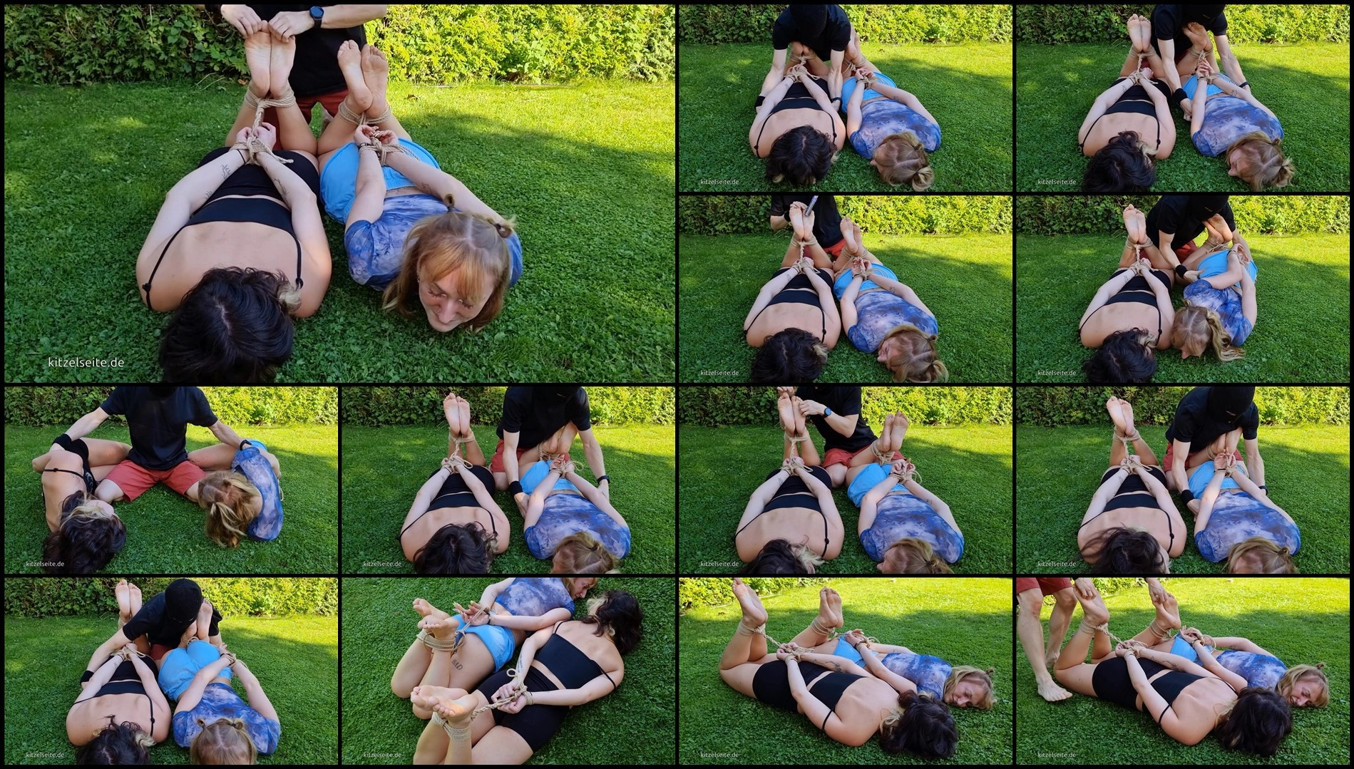KitzelseiteTickleFun – Kovaluna & Lilith Double tickling outdoor – Hogtied in the garden