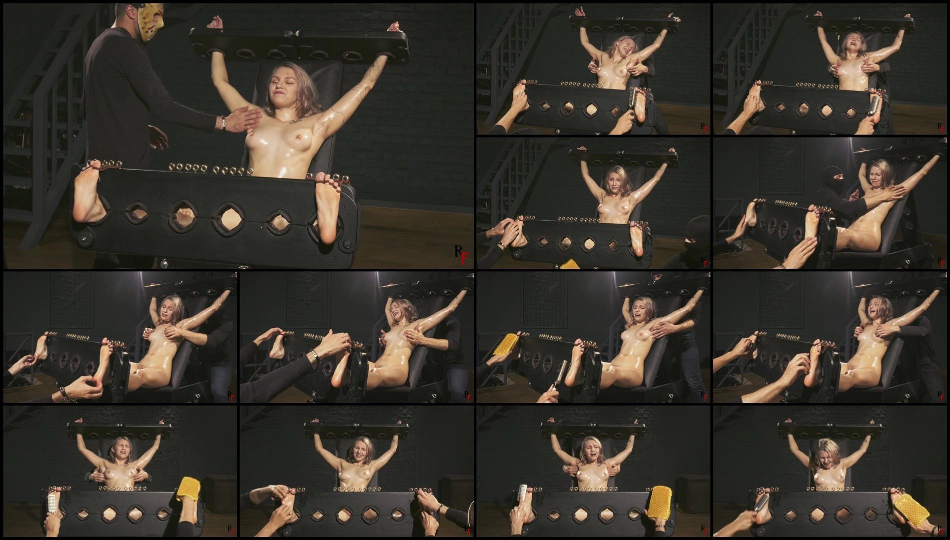 RFStudioProduction – Bramble Topless in Stocks – Long and Intense Oily Tickling by Two Ticklers